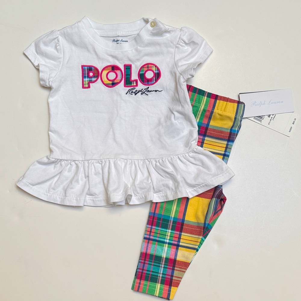 NWT Ralph Lauren white peplum logo tee with plaid leggings set | 9 months